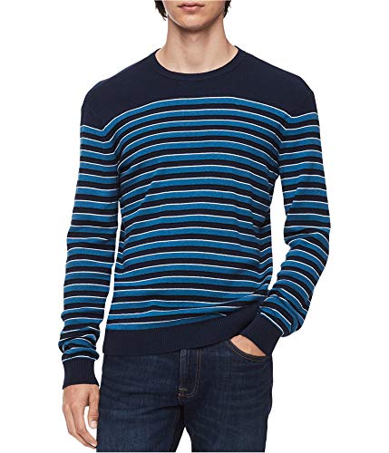 Calvin Klein Mens Three Tone Striped Pullover Sweater, Blue, X-Large