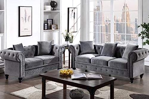 Image of A to Z Furniture Classic 3+2=5 Seater Luxury Chesterfield Sofa in for Home Living Room & Office (Velvet Grey, 5- to 6-Person Sofa)