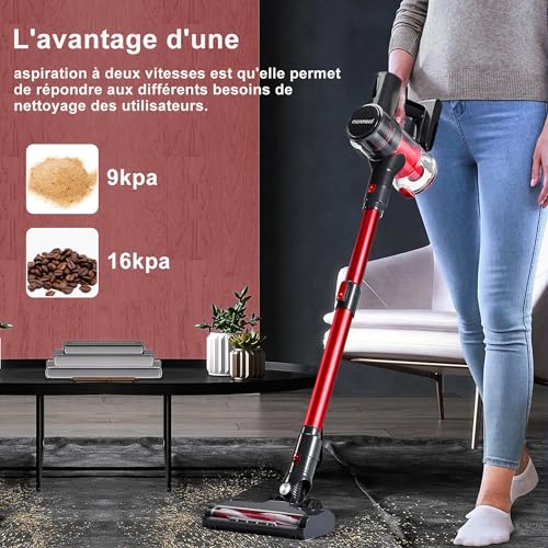 Cordless Vacuum Cleaner, 1L 16Kpa 49Mins Vacuum Cleaners for Home, 4 in 1 Lightweight Powerful Stick Vacuum, with LED Display, for Hardwood Floor Carpet Car Pet - Black/Red