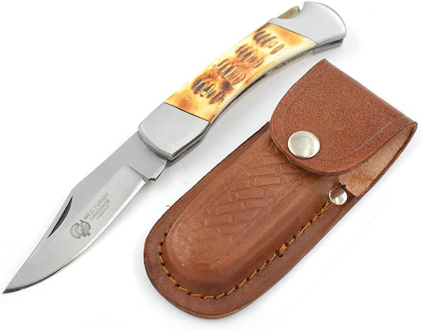 Wild Turkey Handmade Collection Everyday Carry Lock Back Manual Folding Knife w/Leather Sheath - Smooth One Hand Red Color Bone Handle Pocket Knife (Burn Bone)