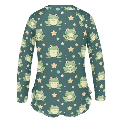 Cute Frog and Stars Girls Long Sleeve Swimsuit Rash Guard One Piece Bathing Suits Zipper 3-12T3
