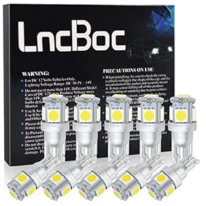 LncBoc W5W 501 LED Bulb T10 194 168 LED Bulbs White 5-SMD 5050 For Car Sidelights, Interior Light, Dashboard, Number Plate, Boot Bulbs DC 12V Pack of 10