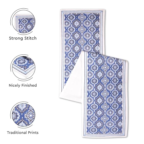 Image of Encasa XO Dining Table Runner for 4 to 6 Seater | Indigo-03 Block Printed Cotton Canvas | 32x183 cm | Jaipur Sanganeri Hand Print