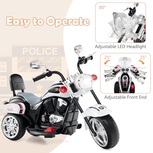 Image of Costzon 6V Ride on Chopper Kids Motorcycle w /Horn, Headlight(Police White) | Battery Powered, 3-Wheel Stable Ride on Toys, Electric Toddler Motorcycle for Kids, Gift for Boys Girls
