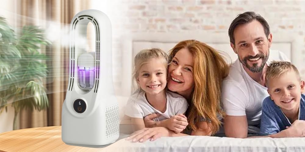Purificateur d'Air 3-en-1 Portable, Ventilateur Humidificateur, Blanc, 33x12cm, 6 Vitesses, Batterie 6-8h, Écran LCD, Filtre Anti-Poussière, Chargement USB-C