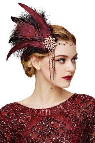 BABEYOND Serre-tête style années 1920 avec plumes, strass et franges pour mariage, carnaval, fête costumée, noir et rouge