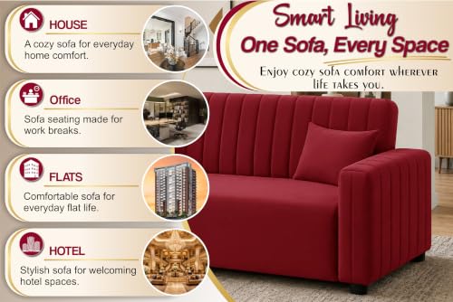 Image of Modern 3 Seater Sofa | Vertical Channel Tufted Backrest & Armrests | Plush Cushioned Seating | Contemporary Upholstered Couch for Living Room, Bedroom & Office - Red Color