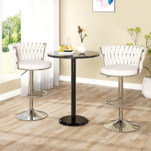 Image of AWQM Velvet Bar Stool Set of 2, Counter Height Barstools with Adjustable Swivel Chairs, Upholstered Bar Chairs with Back & Footrest, Beige