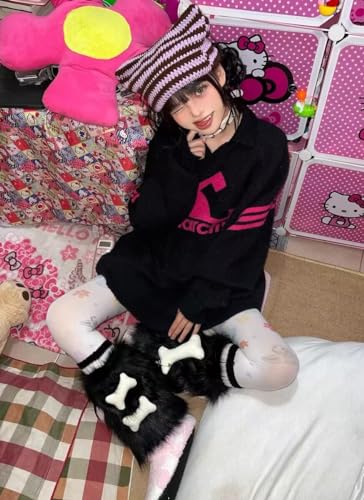 Furry Leg Warmers for Women 3in1 Kawaii Star Bone Plush Y2K Leg Socks Pink Lolita Faux Fur 80s Harajuku Punk Gothic4