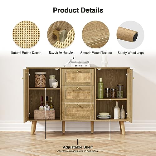 Giluta-Sideboard-Buffet-Cabinet-3-Drawers-Cabinet-with-2-Doors-Boho-Accent-Storage-Cabinet-Living-Room-Cupboard-Console-Table-with-Adjustable-Shelves-for-Kitchen - Urban Country Home Decor Giluta-Sideboard-Buffet-Cabinet-3-Drawers-Cabinet-with-2-Doors-Boho-Accent-Storage-Cabinet-Living-Room-Cupboard-Console-Table-with-Adjustable-Shelves-for-Kitchen