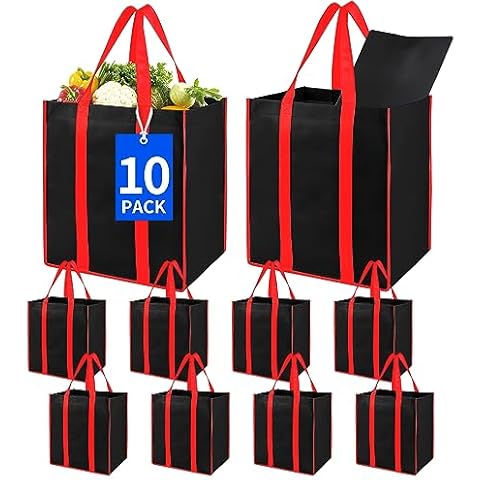 Bodaon 10Pk Collapsible Kitchen Reusable Grocery Bags with Plastic Bottom, the Utility Tote Bag Bulk, Large Folding/Foldable Reusable Shopping Cart for Groceries, Storage Totes Heavy Duty (Black) Cover