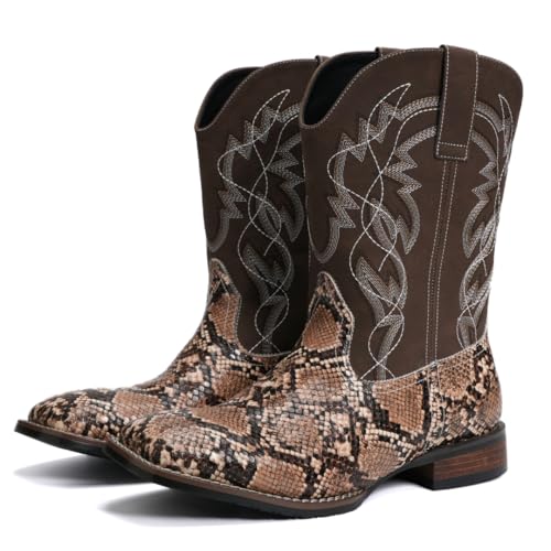 Men's Square Toe Cowboy Boots Faux Snake & Southwestern Embroidery Mid Calf Western Boots Wide Width Available4