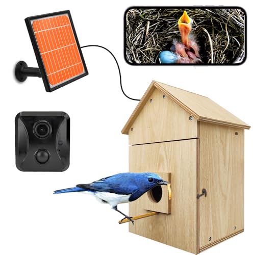Bird House with 4G LTE Cellular Camera Solar Powered Wireless Outdoors, HD View Nesting & Hatching, Box House for Wild Bluebird Swallow Wren, PIR Detection, SD Card & Cloud Storage, IR Night Vision