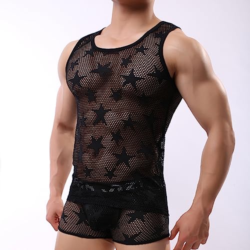 Evankin Mens Sexy Star Fishnet Tank Top See Through Mesh Sleeveless Tank Shirt Muscle Sheer Undershirts2