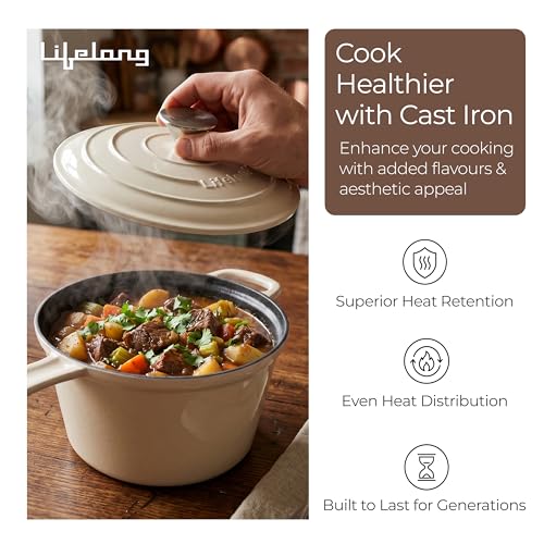 Image of Lifelong Enamel Cast Iron Saucepan with Lid (1.9L, 20cm) | Oven, Gas & InductionŚ Compatible | Slow Cooking, Even Heat Distribution, Non-Toxic, Durable, Naturally Nonstick, No Stains or Scratch(Ivory)