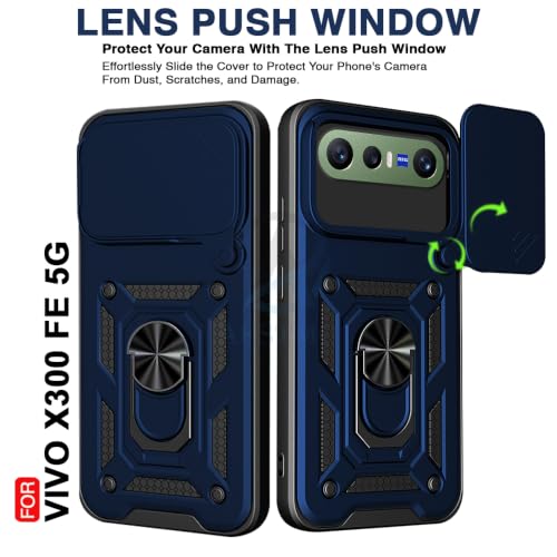 Image of AESTMO Tough Armor Vivo X300 FE 5G Bumper Back Case Cover | Ring Holder & Sliding Camera Shield Cover | 360 Degree Protection Back Case Cover for Vivo X300 FE 5G (Blue)
