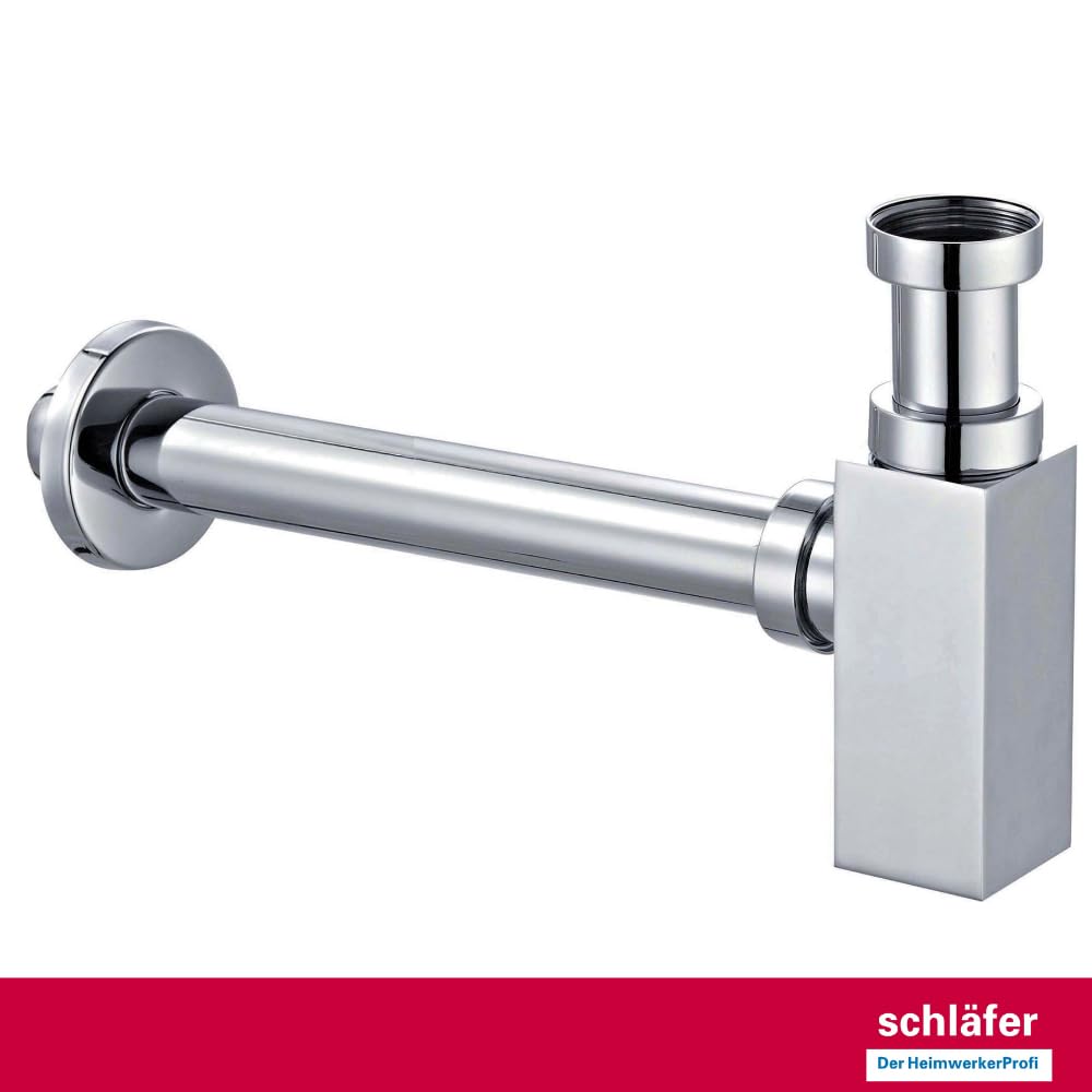 Schläfer 3439650 | Universal Design quadratisch Siphon Waschtisch, Waschbecken und Waschschale, höhenverstellbar, Geruchsverschluss mit Reinigungsöffnung, Röhrensiphon von 1 1/4 Zoll x Ø 32 mm