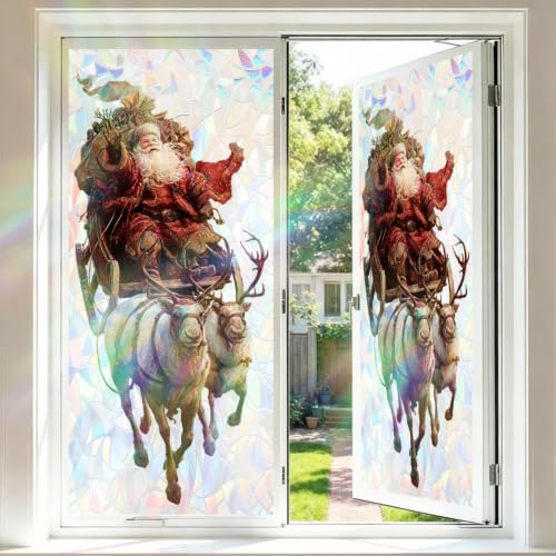 Image of Santa Sleigh Reindeer Holographic Window Film 17.32x39.37in Cling