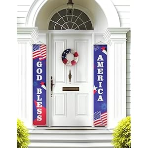 HOUSE OF PARTY 4th of July Decorations |God Bless American Banner | USA Porch Sign Door Banners | Patriotic Decor Outdoor Red White Blue Decor HOUSE OF PARTY 4th of July Decorations God Bless American Banner USA Porch Sign Door Banners Patriotic Decor Outdoor Red White Blue Decor