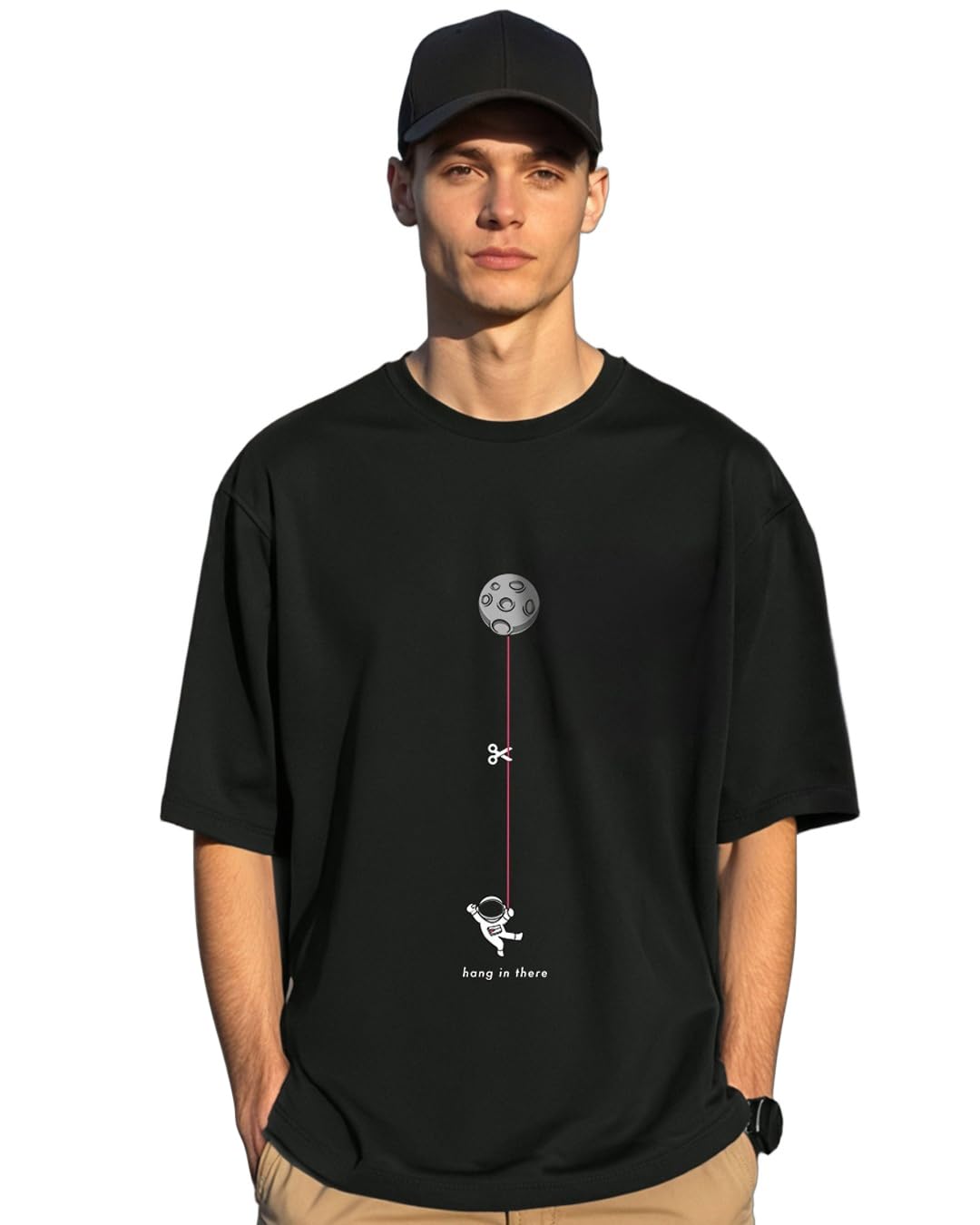 bewakoof Men's Hangin Astronaut Graphic Printed 100% Cotton T-Shirt - Oversized Fit, Round Neck, Half Sleeves Black-picture-47