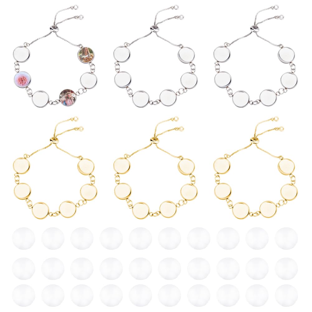 DICOSMETIC 6 Sets 2 Colors Bracelet Bezel Settings DIY Blank Bracelet Making Kit Blanks Base Bangle Cabochon Trays with Adjustable Bracelet Chain for DIY Jewelry Making, Tray: 12mm