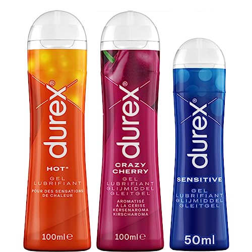 Durex - Lot De 3 Gels Lubrifiants Intimes - Hot Chauffant 100ml - Crazy Cherry Comestible 100ml - Sensitive Confort 50ml