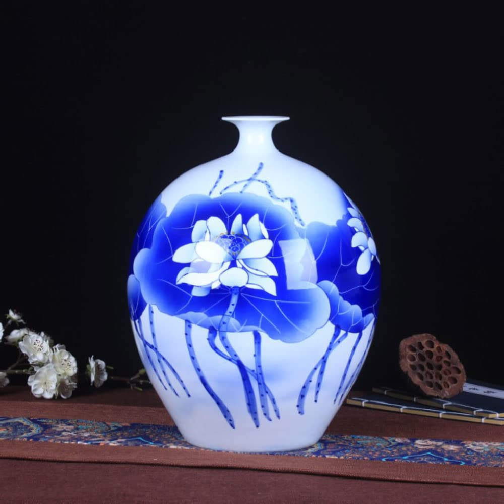 asdchZen Chinoiserie Jingdezhen Underglaze Blue And White Porcelain Flower Vase, Chinese Bottle Vase For Living Room, Home Decor, Office, Table Centerpiece