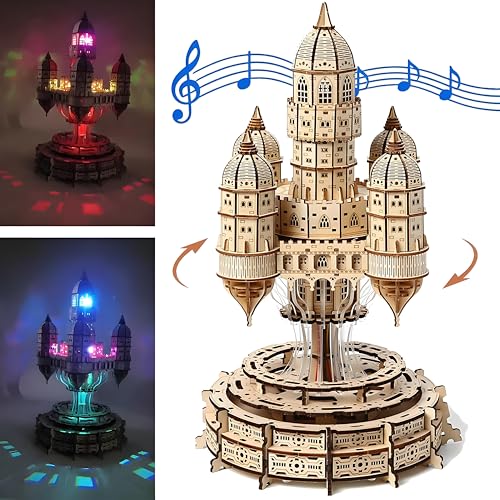 3D Wooden Puzzle for Adults Castle City in The Sky Music Box Puzzle Kit, 521 Pieces LED Light & Rotating Base DIY Mechanical Building Kit for Adults &...