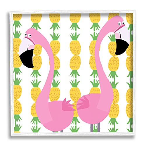 Stupell Industries Kids' Pink Flamingo Pair Pineapple Stripe Pattern White Framed Wall Art, 17 x 17