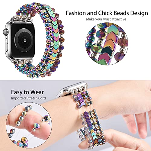 Image of MOFREE Beaded Bracelet Compatible with Apple Watch Band 38mm /40mm /41mm /42mm, Fashion Elastic Stretch Women Bands for iWatch Series 11 /10 /9 /8 /7 /SE /6 /5 /4 /3 /2 /1 iPhone Watch Strap Bands Colorful
