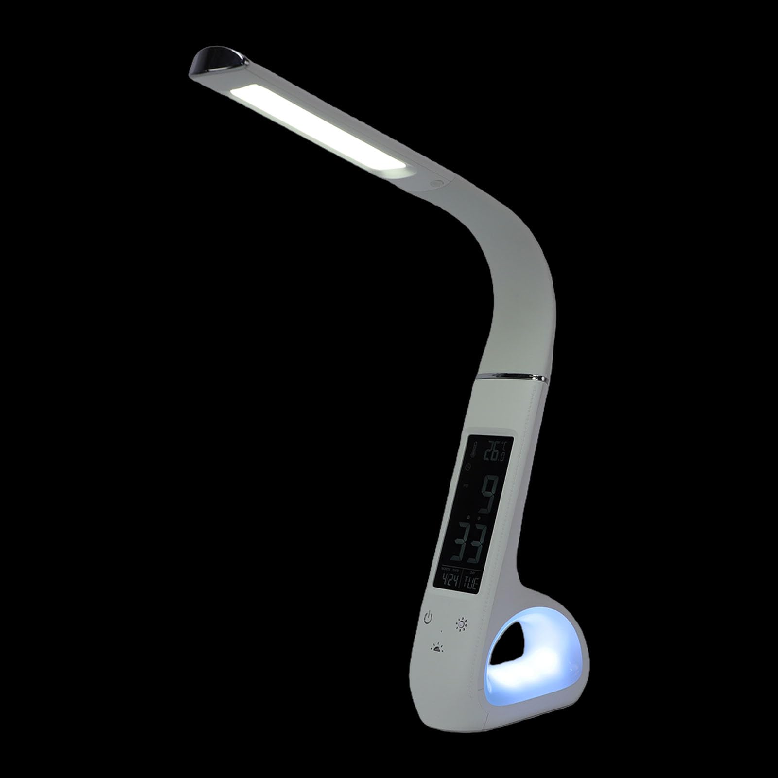 Bewinner Lampada da Scrivania a LED con Orologio, Lampada da Lettura Pieghevole 3 in 1, Luce Ambientale RGB, Sveglia Ricaricabile con Attenuazione Tattile da 1200 MAh, da Tavolo per Camera da Letto,