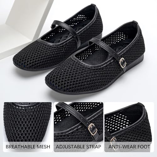 Image of Buyrew Women's Mary Jane Flats Breathable Mesh Square Toe Ballet Flats with Arch Support Washable Non Slip Casual Dress Shoes for Work Office