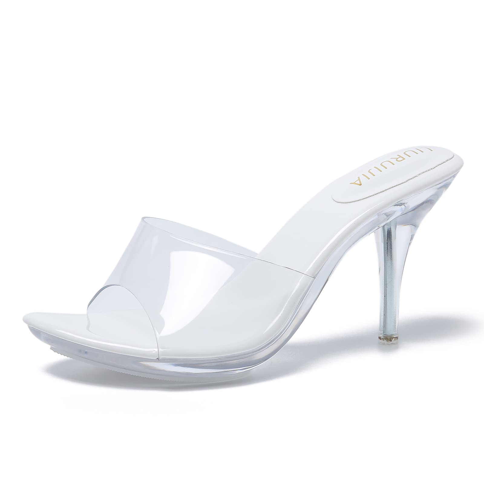 LIURUIJIA Clear Heels For Women Sexy Slip On Open Toe High Heeled Dressy Sandals Comfortable Strappy Mules