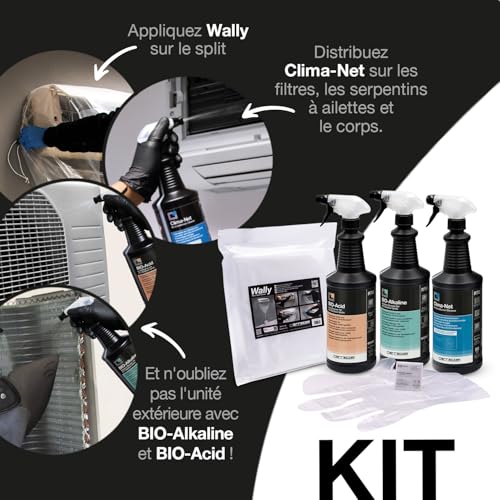 Errecom Kit nettoyage complet climatisation, avec Clima-Net 1L et housse Wally pour unité intérieure et filtres, Bio-Acid et Bio-Alkaline 2L détergents pour unité extérieure, gants – Image 3