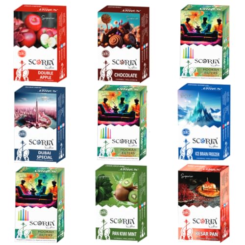 Image of SCORIA Superior Hookah Double Apple, Brain Freezer, Dubai Special, Kesar Pan, Pan Kiwi MInt, Chocolate Flavour & 3 Box Filter (Pack Of 9)