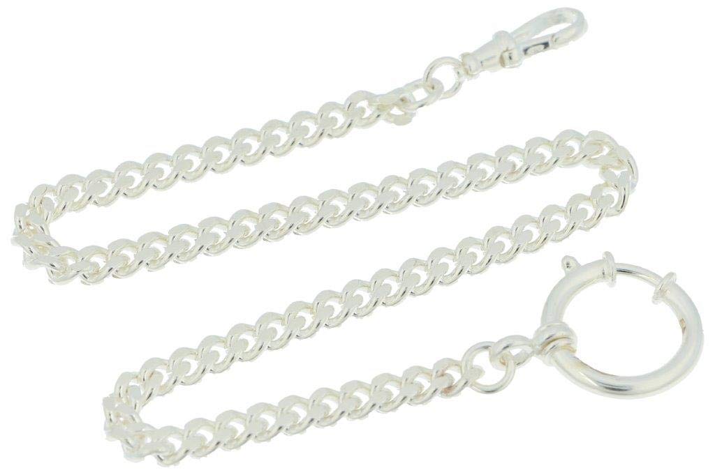 Taschenuhrkette echt 925 Silber u. a. für Taschenuhren, 30 cm lang Flachpanzer 5 mm mit Federring und drehbarem Karabiner