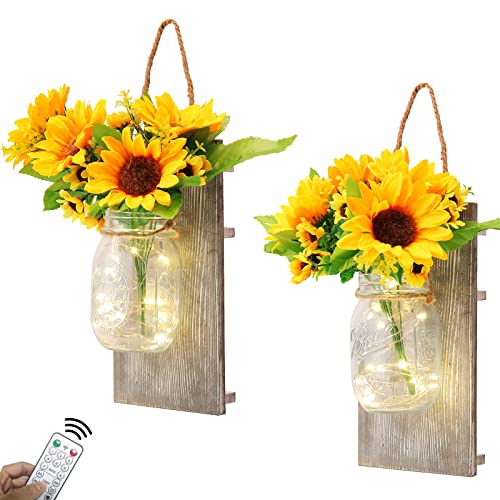 Rustic Mason Jar Wall Decor Sconces, Kitchenexus Decorative Mason Jar With Remote Control, Led Fairy Lights And And Sun Flowers, Farmhouse Home Decorations Wall Decor Living Room Lights, Set Of Two #TOP12