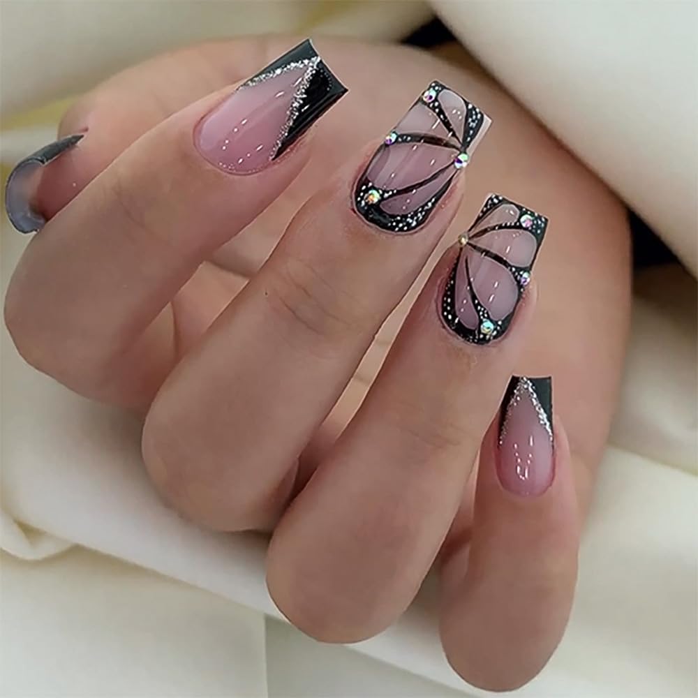 ANDGING Black Press on Nails Short Medium Square French Tip Fake Nails with Butterfly Glitter Rhinestone Design Coffin fake nails for Women Acrylic