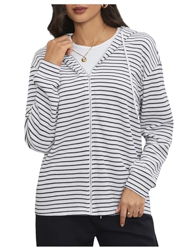 MakeMeChic Women's Striped Drawstring Full Zip Jacket Hooded Drop Shoulder Jackets