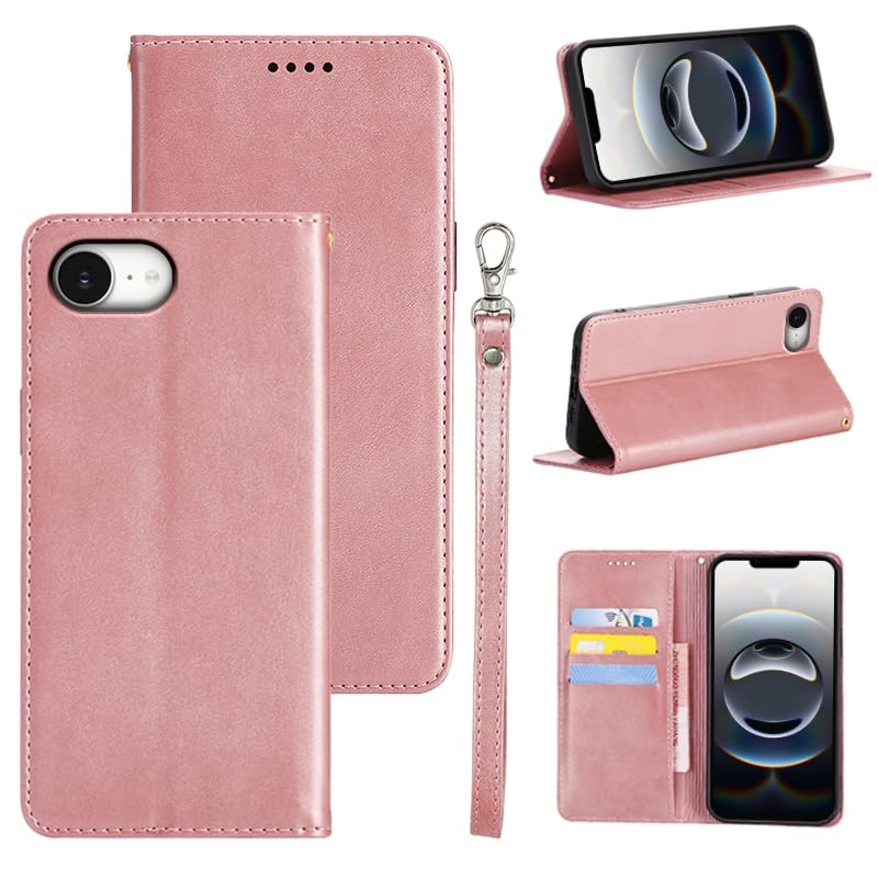 適用 iPhone 17E / 適用 iPhone 16E ケース 手帳型 適用 いPhone 17E 手帳型ケース スマホケース カバー PUレザー カード収納 財布型 耐衝撃 ケース マグネット スタンド機能付き(適用 いPhone 17e / 16e ケース手帳型) (ライトローズゴールド)