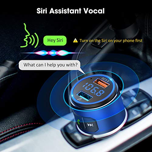 VicTsing (Upgraded Version) V5.0 Bluetooth FM Transmitter for Car, QC3.0 & LED Backlit Wireless Bluetooth FM Radio Adapter Music Player /Car Kit with Hands-Free Calls, Siri Google Assistant-Blue