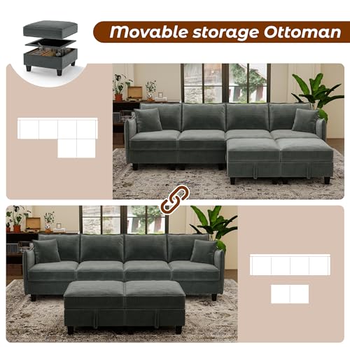 WorthFurni 112" Modular Sectional Sofa U Shape Couches with Storage Ottoman and Washable Cushion Cover for Living Room, Bedroom, Apartment(Grey) - image 3