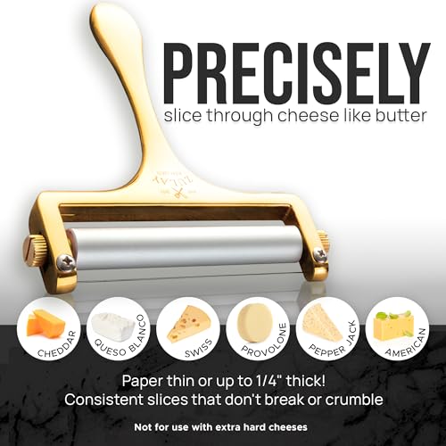 Image of Zulay Kitchen Cheese Slicer With Adjustable Thickness - Heavy Duty Block Slicer with 2 Extra Wires - Ideal for Mozzarella, Cheddar, Gouda - Gold