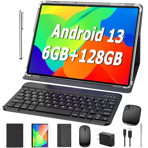 RliyOliy Android Tablet, 2 in 1 Tablet with Keyboard, 10 inch Android 13 Tablet, 6GB RAM 128GB