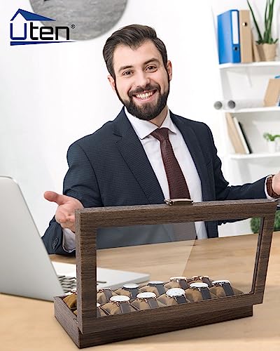 Image of Uten Watch Box 12 Slots, Watch Case Organizer with Real Glass Lid, Wood Grain PU Leather Watch Display Storage Box with Removable Imitation Suede Watch Pillows, Metal Clasp | Watch Jewelry Box, Soft Pillow, Metal Clasp, for Watch Size up to 55mm, Gifts for Collector, Anniversary, Christmas
