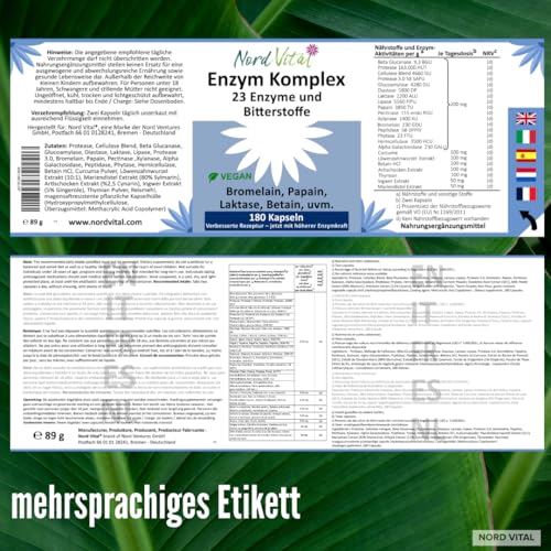 Enzym Komplex mit 23 aktiven Inhaltsstoffen – 180 magensaftresistente Kapseln – Hochdosierte Verdauungsenzyme mit Bromelain, Papain, Lipase, Betain HCL & Bitterstoffen – Vegan – Digestive Enzymes