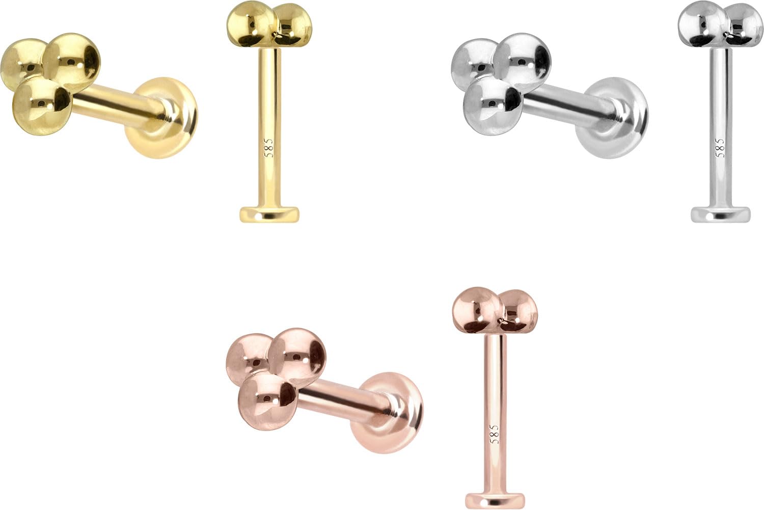 PIERCINGLINE 14 Karat Gold Labret Ohr-Piercing mit Push Fit 3 KUGELN Farb & Größenauswahl