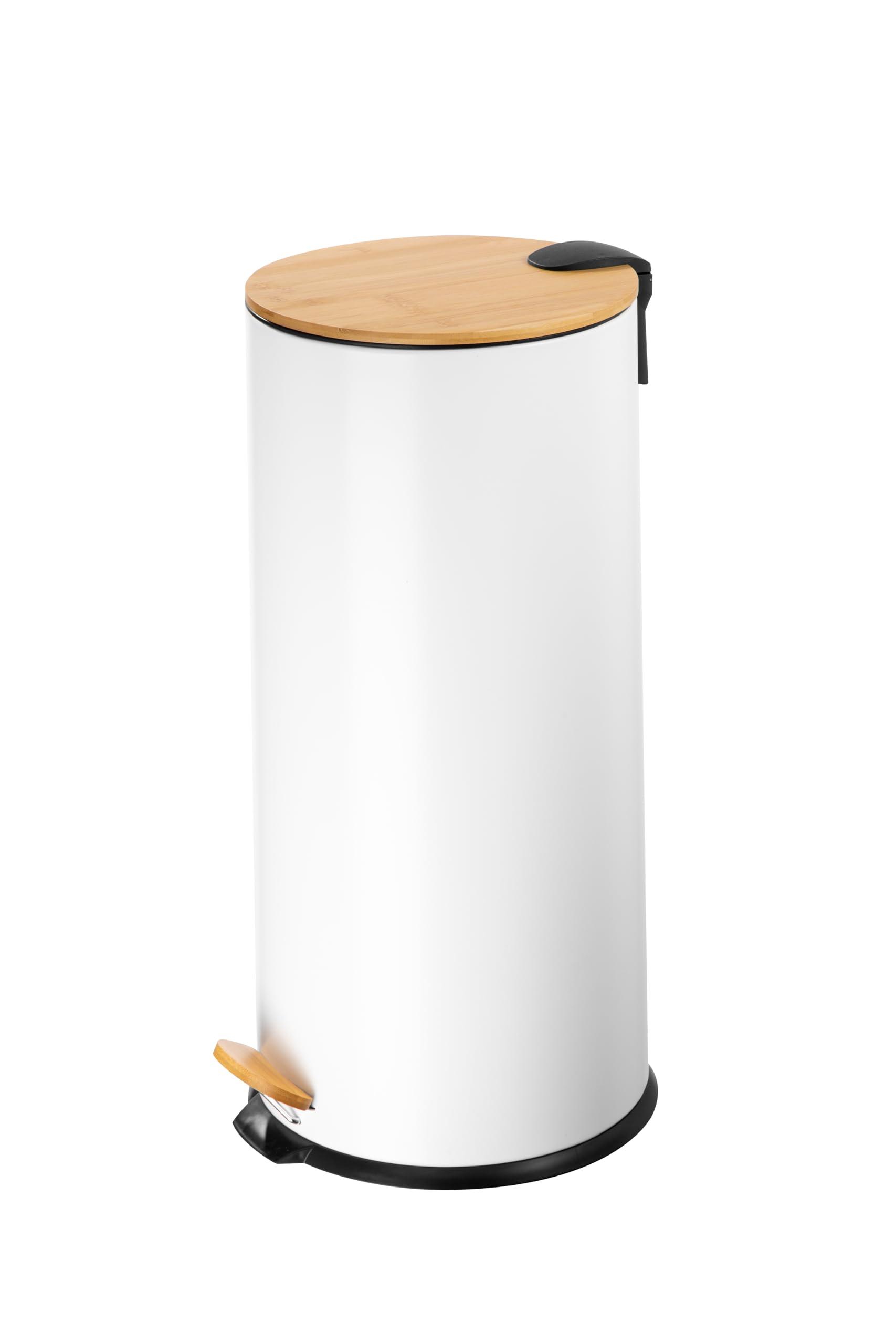 ECHTWERK cubo de pedal Skandi Look, cubo de basura, cubo de desperdicios, cuerpo robusto de hierro con tapa de bambú, función de cierre suave, blanco, capacidad 30 litros