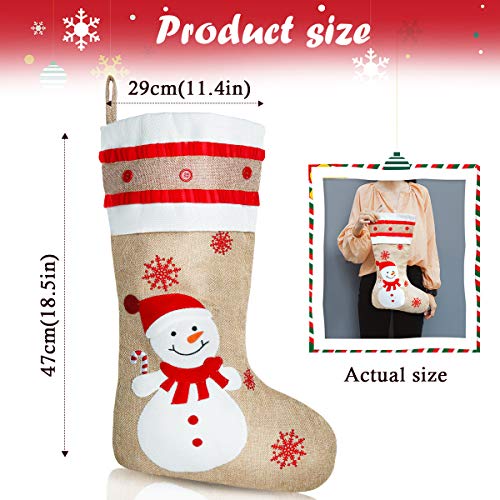 FUNSEED Burlap Christmas Stockings,18 inch 4 Pack Snowflakes Snowman Santa Claus Reindeer Rustic Stockings for Holiday Farmhouse Family Xmas Decoration - Thumbnail 3
