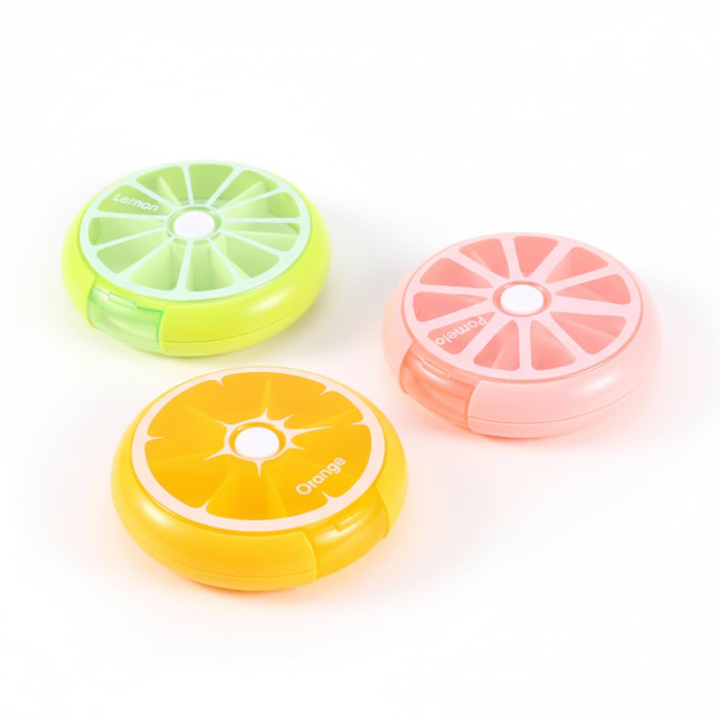 Yosoo Pilulier portable lot de 3, rotatif, pour les 7 jours de la semaine, étui de rangement des médicaments, distributeur de vitamines, conteneur de stockage, orange/citron/pomelo